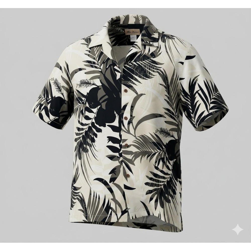 Blue Hawaii Vintage Men's Ivory & Black Hawaiian Short Sleeve Shirt. Size L